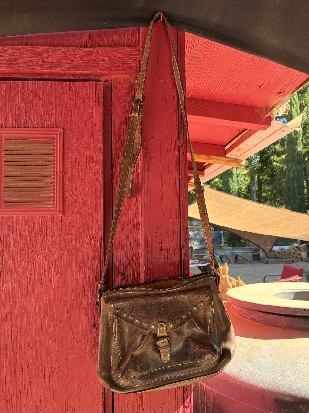 Patricia Nash Brown Leather Studded Buckle Crossbody Bag